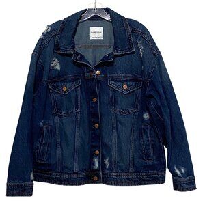 Womens Distressed‎ Jean Jacket L Dark Blue Wash Boho Hippie Western Grunge Denim